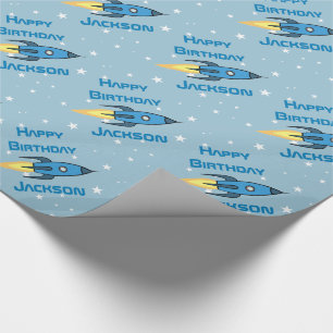 Blue Retro Rocket Ship Personalized Birthday Boy Wrapping Paper