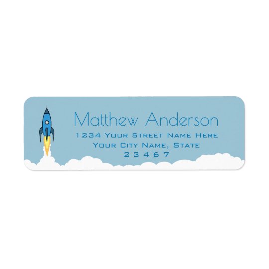 Blue Retro Rocket Ship Personalized Name Kids Boy Return Address Label