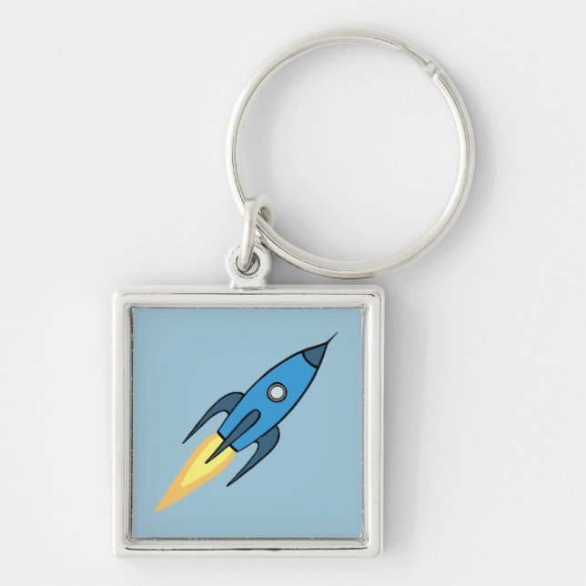 Blue Retro Rocket Ship Simple Modern Outer Space Keychain (Front)