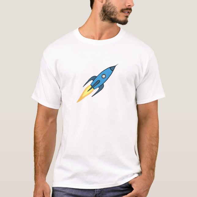 Blue Retro Rocket Ship Simple Modern Outer Space T-Shirt (Front)