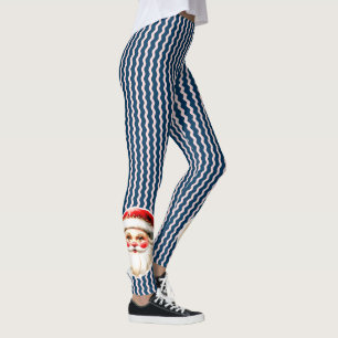 Blue Retro Santa Claus Blue Ric Rac Christmas Leggings