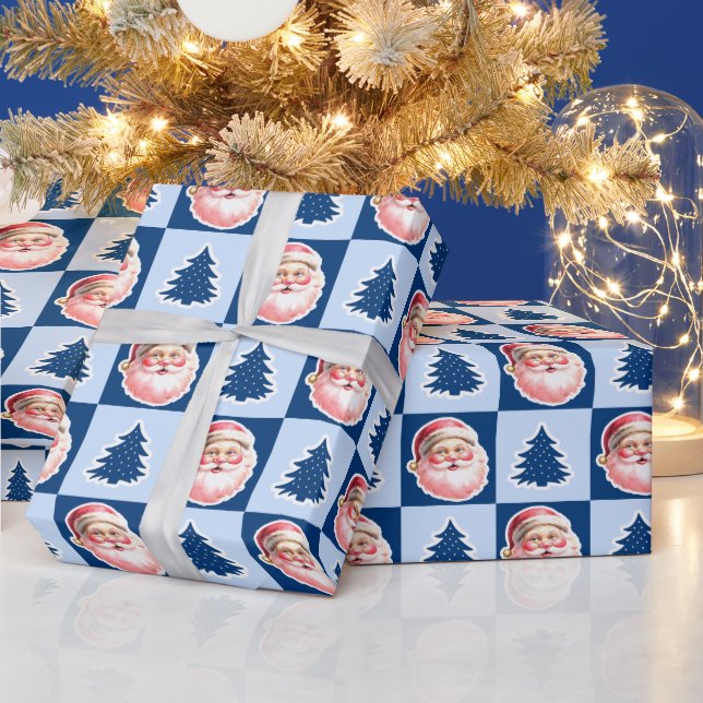 Blue Retro Santa Claus Christmas Tree Tartan Plaid Wrapping Paper (Holidays)
