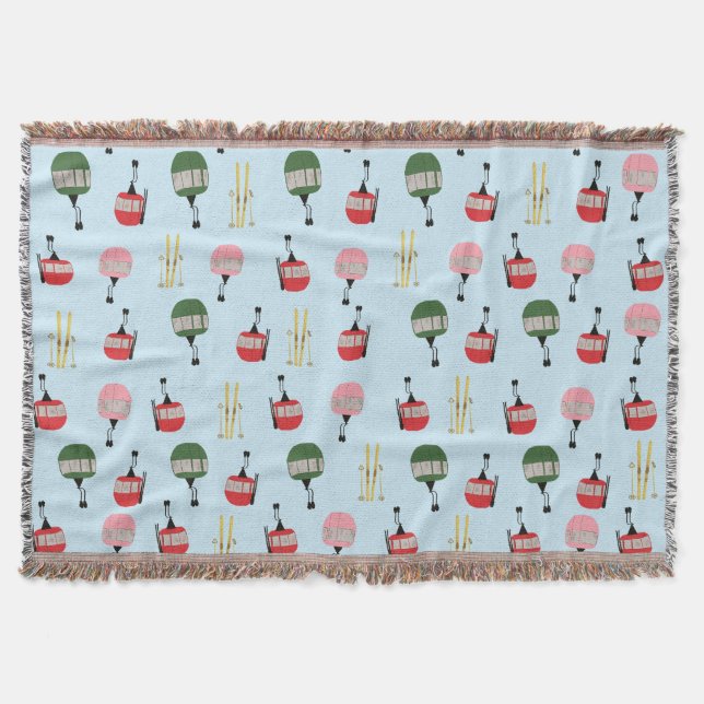 Blue Retro Ski Lift Gondola Winter Skiing  Throw Blanket (Front)