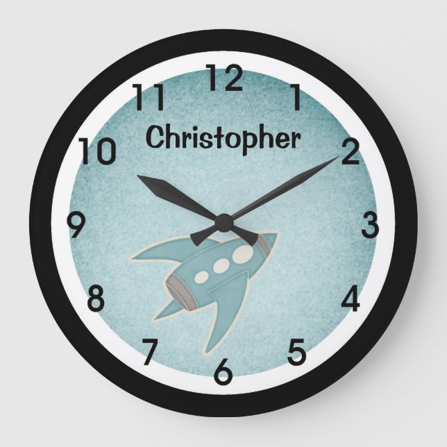 Blue Retro Space Ship Wall Clock (Front)