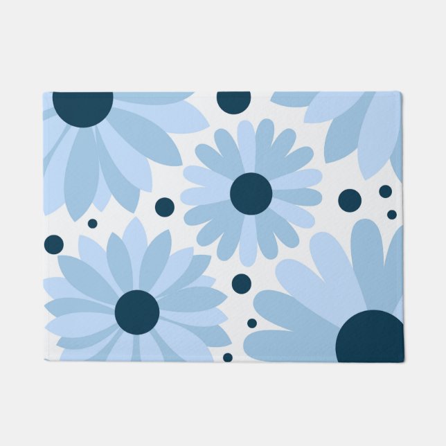 Blue retro style daisies and dark blue dots doormat (Front)
