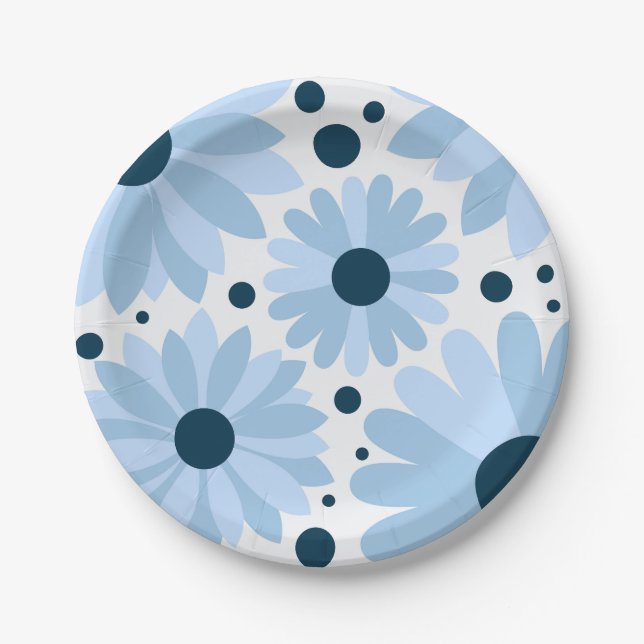 Blue retro style daisies and dark blue dots paper plate (Front)