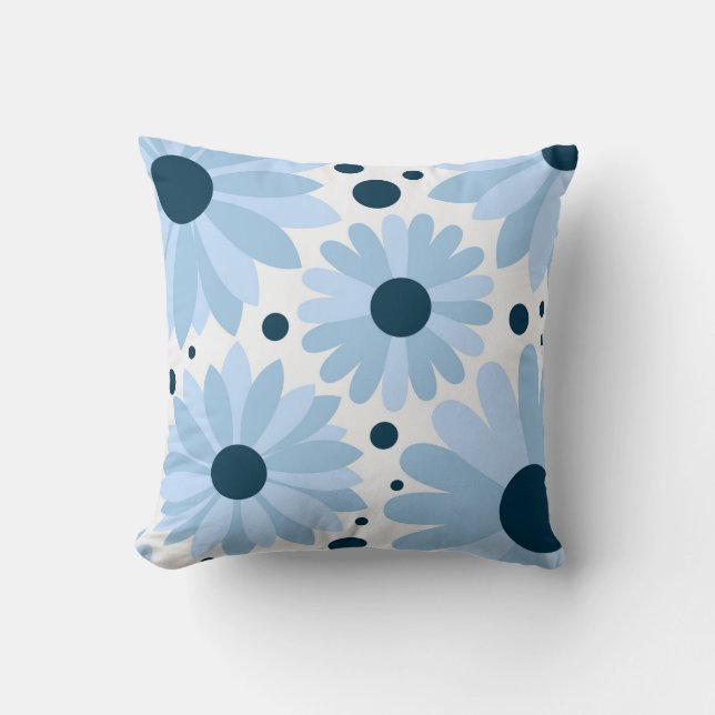 Blue retro style daisies and dark blue dots throw pillow (Front)