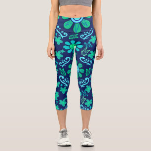 Blue Retro Style Floral and Sun Symbol Pattern Capri Leggings