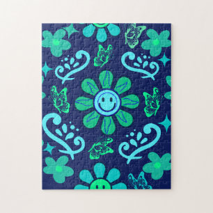 Blue Retro Style Floral and Sun Symbol Pattern Jigsaw Puzzle