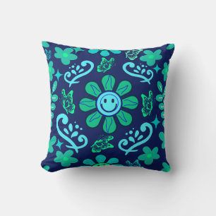 Blue Retro Style Floral and Sun Symbol Pattern Throw Pillow