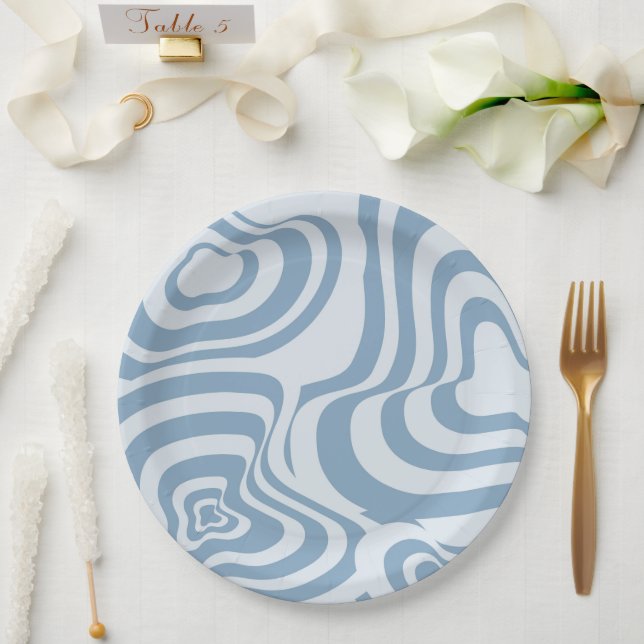 Blue Retro Swirl Groovy Y2K Pattern  Paper Plate (Wedding)