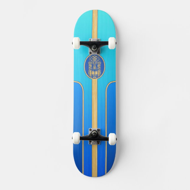 Blue Retro Tiki Surfboard Skateboard (Front)
