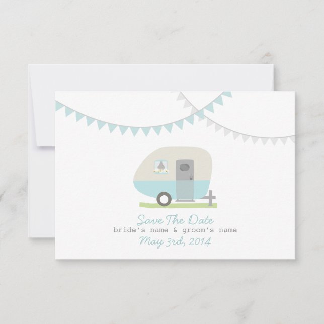 Blue Retro Trailer & Wedding Save The Date (Front)