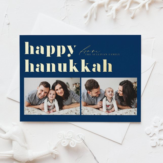 Blue Retro Typography Happy Hanukkah Two Photo Foil Holiday Card (Creator Uploaded)