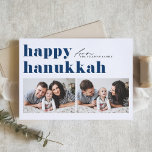 Blue Retro Typography Happy Hanukkah Two Photo Holiday Card<br><div class="desc">Happy Hanukkah! Send your Hanukkah greetings to family and friends with this customizable photo Hanukkah card. It features retro bold typography. Personalize by adding your details. This custom Hanukkah card is available on other colours and cardstock. Matching items are available.</div>