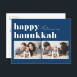 Blue Retro Typography Happy Hanukkah Two Photo Holiday Postcard<br><div class="desc">Happy Hanukkah! Send your Hanukkah greetings to family and friends with this customizable photo Hanukkah card. It features retro bold typography. Personalize by adding your details. This custom Hanukkah card is available on other colours and cardstock. Matching items are available.</div>