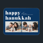 Blue Retro Typography Happy Hanukkah Two Photo Magnet<br><div class="desc">Happy Hanukkah! Celebrate the joyous Festival of Lights with our customizable photo Hanukkah magnet! This festive magnet allows you to showcase your favourite memories while adding a personal touch to your holiday decor. It features retro bold typography. Personalize by adding your details. An ideal gift for family and friends, or...</div>
