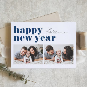 Blue Retro Typography Happy New Year Two Photo Holiday Card