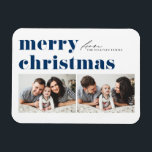 Blue Retro Typography Merry Christmas Two Photo Magnet<br><div class="desc">Celebrate the holiday spirit with our customizable photo Christmas magnet! Perfect for capturing your favourite festive moments, this magnet allows you to create a unique keepsake that showcases your family’s joy and love during the holiday season. It features retro bold typography. Personalize by adding your details. This customizable magnet makes...</div>