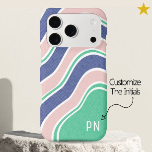 Blue Retro Wavy Stripes Custom Initial Monogram