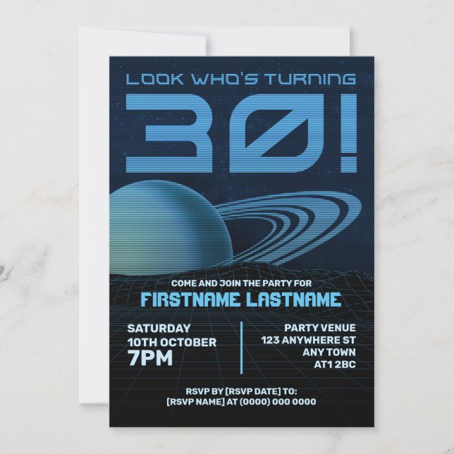 Blue Retrowave 30th Birthday Party Invitation (Front)