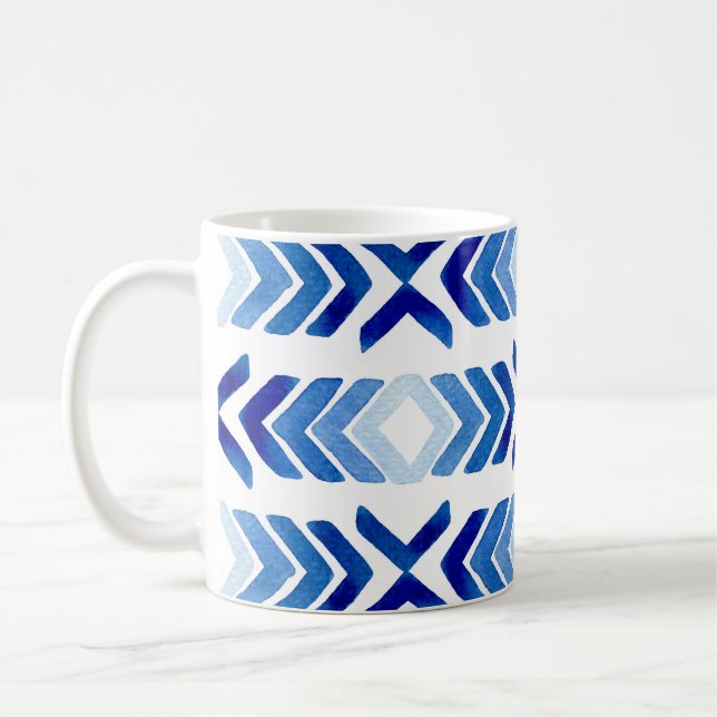 Blue Rhombus Arrows Watercolor Pattern Coffee Mug (Left)