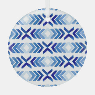 Blue Rhombus Arrows Watercolor Pattern Glass Ornament