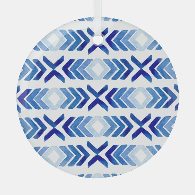 Blue Rhombus Arrows Watercolor Pattern Glass Ornament (Front)