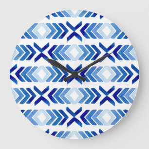 Blue Rhombus Arrows Watercolor Pattern Large Clock