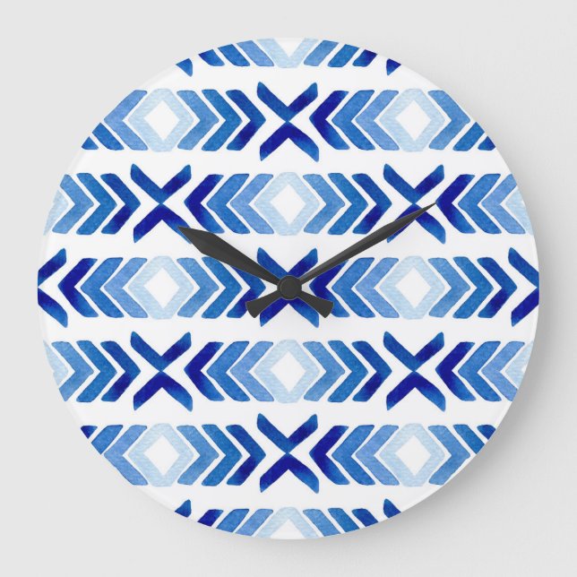 Blue Rhombus Arrows Watercolor Pattern Large Clock (Front)