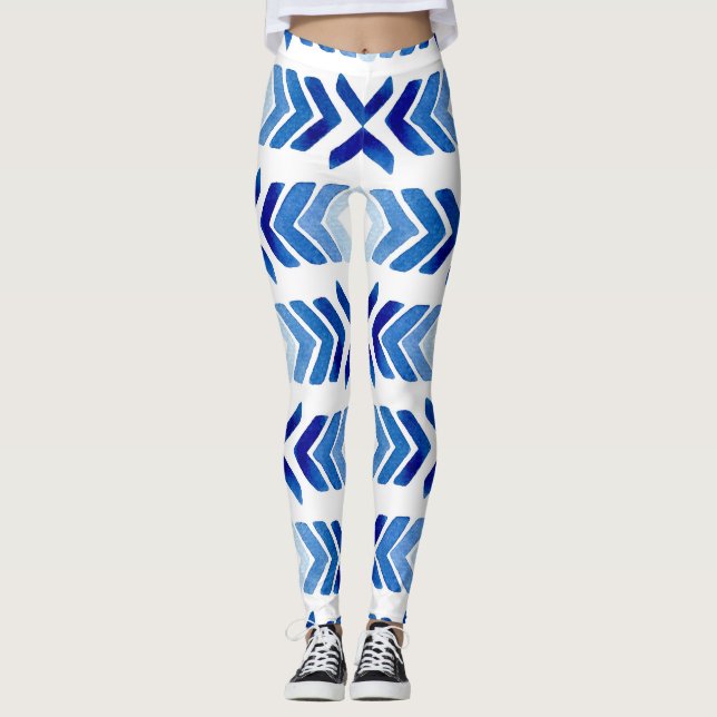 Blue Rhombus Arrows Watercolor Pattern Leggings (Front)