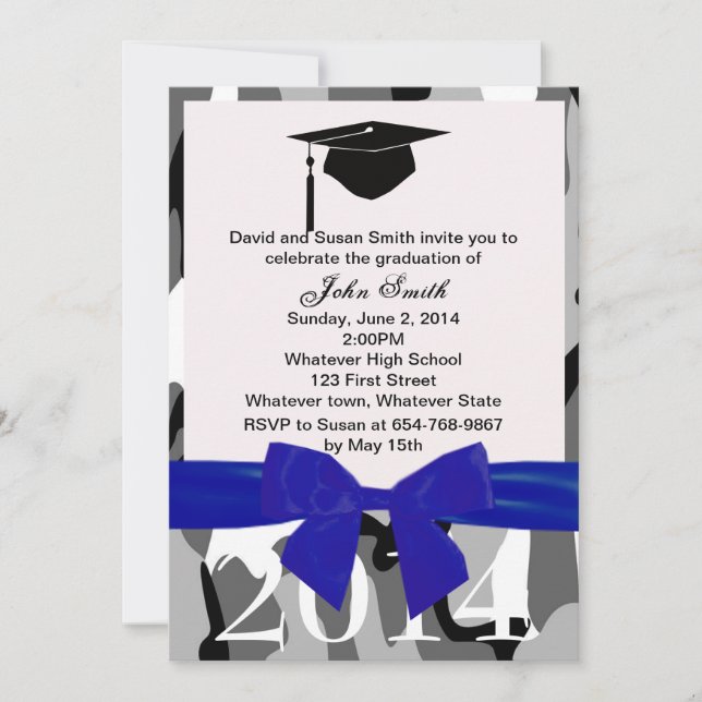 Blue Ribbon And Grey Camo Graduation Invitation (Front)