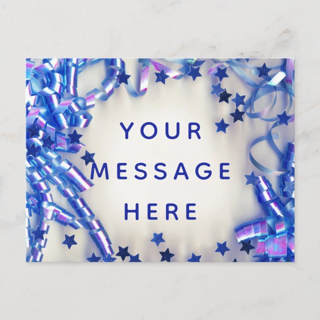 Blue Ribbon and Stars Party Confetti Blank Message Invitation Postcard (Front)