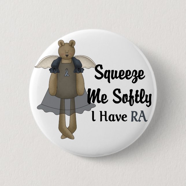 Blue Ribbon Angel Bear :: Squeeze Me Softly. 2 Inch Round Button (Front)
