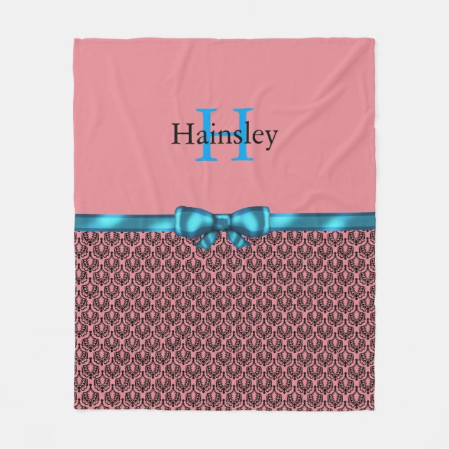 Blue Ribbon Bow Black Chandelier Damask Monogram Fleece Blanket (Front)