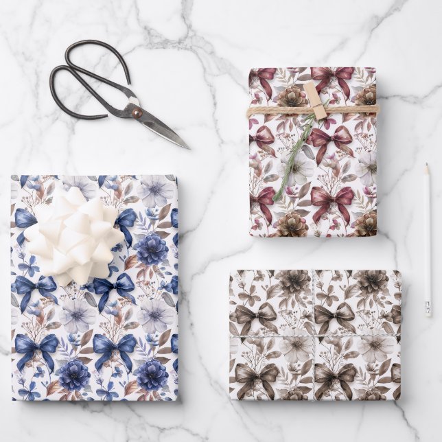 Blue Ribbon Bow Coquette Aesthetic Grandmillennial Wrapping Paper Sheet (Front)