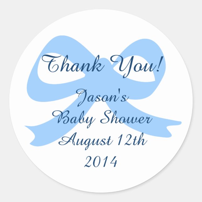 Blue ribbon bow thank you stickers for baby shower (Front)
