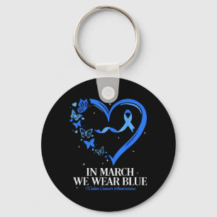Blue Ribbon Butterfly Blue Heart Colon Cancer Keychain