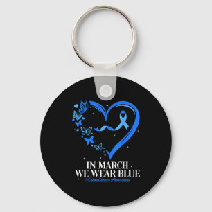 Blue ribbon butterfly blue heart colon cancer keychain