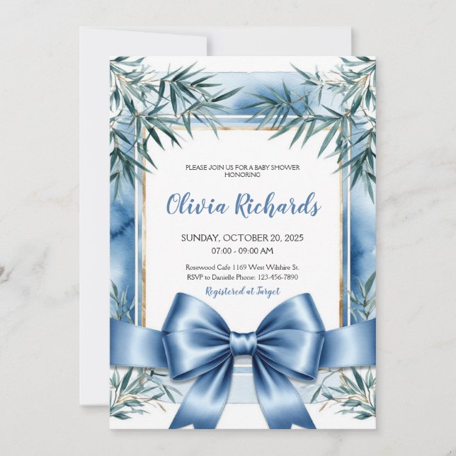 Blue Ribbon Chinoiserie Baby Shower Invitation   (Front)