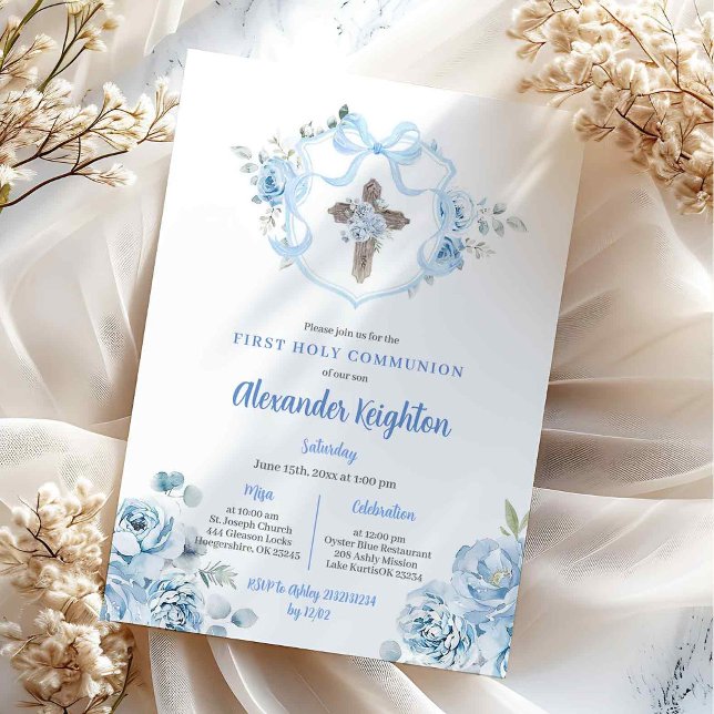 Blue Ribbon Crest First Holy Communion Invitation (Creator Uploaded)