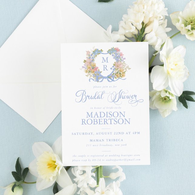 Blue Ribbon Floral Crest Bridal Shower Invitation (Creator Uploaded)