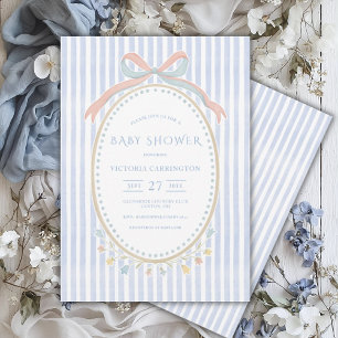 Blue Ribbon Flowers Watercolor Vintage Baby Shower Invitation
