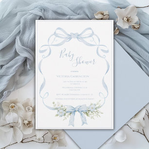 Blue Ribbon Frame Elegant Bow Baby Shower  Invitation