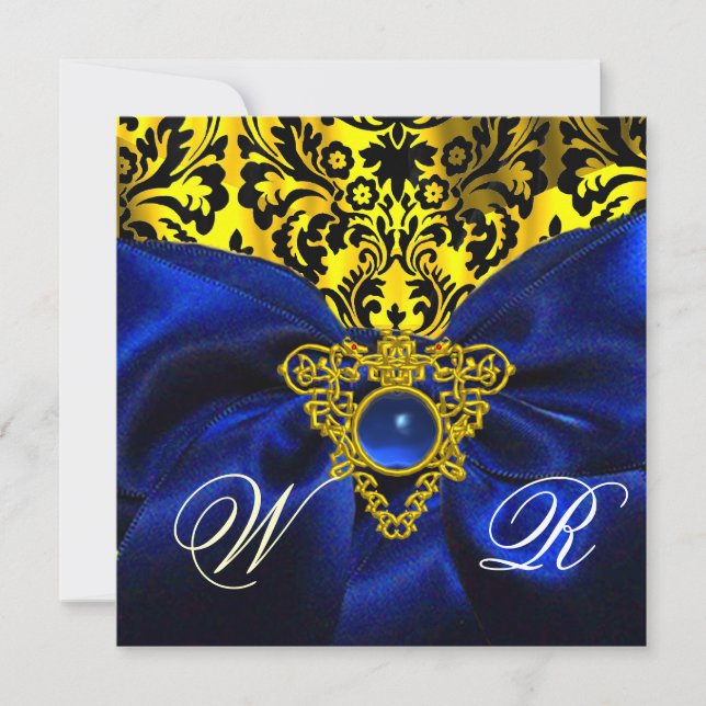 BLUE RIBBON GOLD CELTIC HEART DAMASK MONOGRAM INVITATION (Front)
