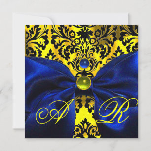 BLUE RIBBON GOLD YELLOW  BLACK  DAMASK MONOGRAM INVITATION