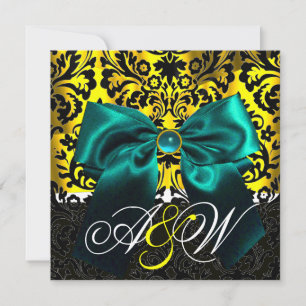 BLUE RIBBON GOLD YELLOW  BLACK  DAMASK MONOGRAM INVITATION