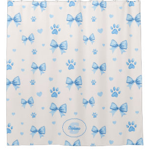 Blue Ribbon, Heart & Paw Print Pattern on White