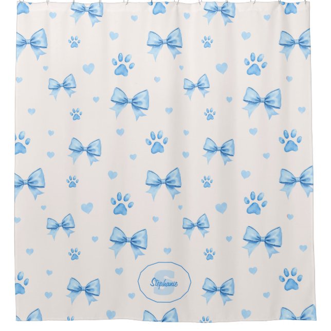 Blue Ribbon, Heart & Paw Print Pattern on White (Front)