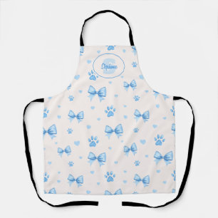 Blue Ribbon, Heart & Paw Print Pattern on White Apron